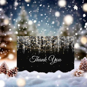 Chic black silver gold holiday lights thank you card