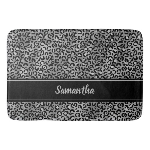 Chic Black Silver Grey Leopard Print Personalized Bath Mat