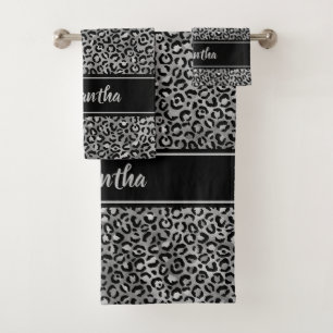 Chic Black Silver Grey Leopard Print Personalized Bath Towel Set
