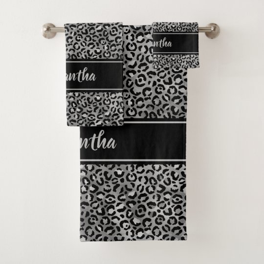 Chic Black Silver Grey Leopard Print Personalized Bath Towel Set
