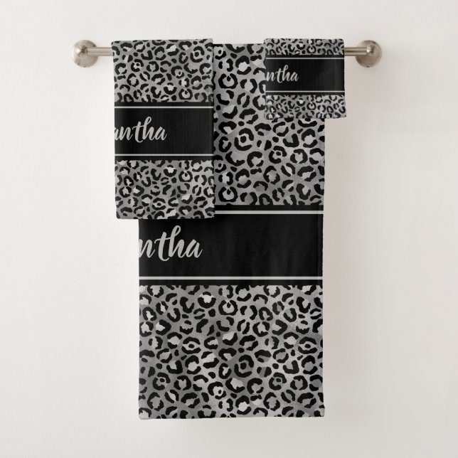 Chic Black Silver Grey Leopard Print Personalized Bath Towel Set (Insitu)