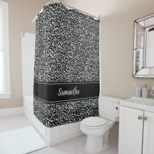 Chic Black Silver Grey Leopard Print Personalized Shower Curtain