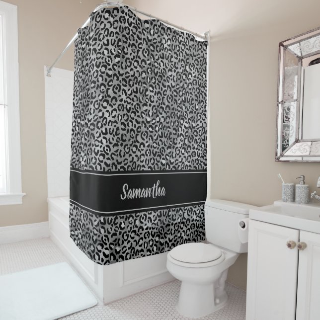 Chic Black Silver Grey Leopard Print Personalized Shower Curtain (In Situ)