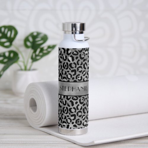 Chic Black Silver Grey Leopard Print Personalized Water Bottle