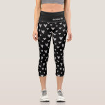 Chic Black Silver Heart Pattern Personalized Name Capri Leggings<br><div class="desc">This modern design features a black background with a silver heart pattern personalized with your name by editing the text in the text box provided #leggings #clothing #apparel #gifts #fitness #sports #fitnessapparel #fitnessclothing #fashion #fashionable #style #stylish #trendy #trending #heart #personalizedgifts #personalized</div>