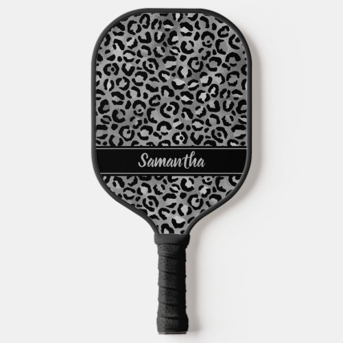 Chic Black Silver Leopard Print Personalized Pickleball Paddle