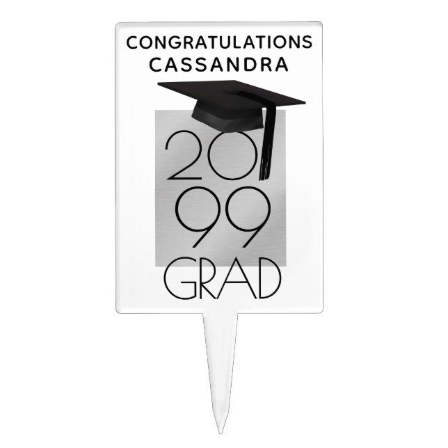 Chic Black & Silver Personalized Graduation Cake Topper (Front)