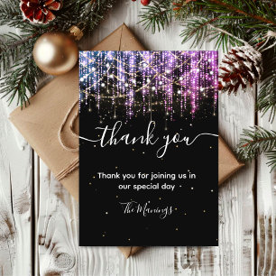 Chic black silver pink holiday lights thank you  card