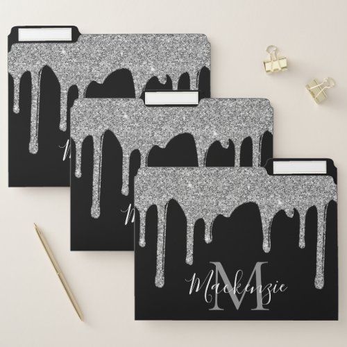 Chic Black Silver Sparkle Glitter Drips Monogram File Folder