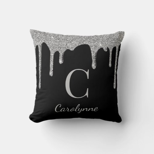 Chic Black Silver Sparkle Glitter Drips Monogram Throw Pillow