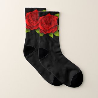 Chic Black Socks with Red Rose / Flower Pattern
