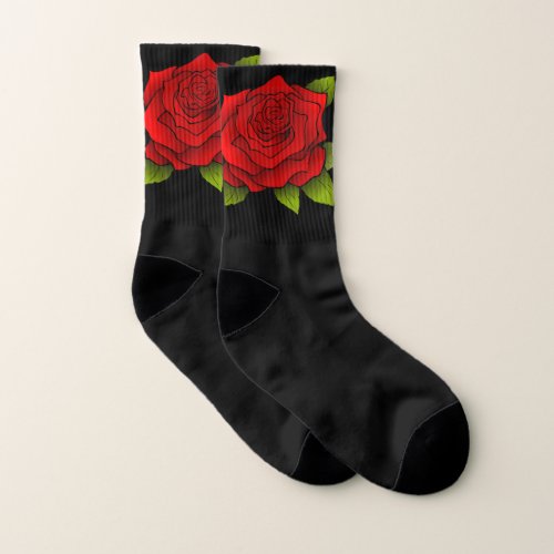 Chic Black Socks with Red Rose  Flower Pattern