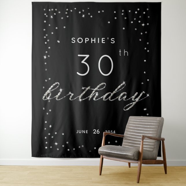 Chic Black Sparkle Glitter Birthday Party Backdrop (In Situ)