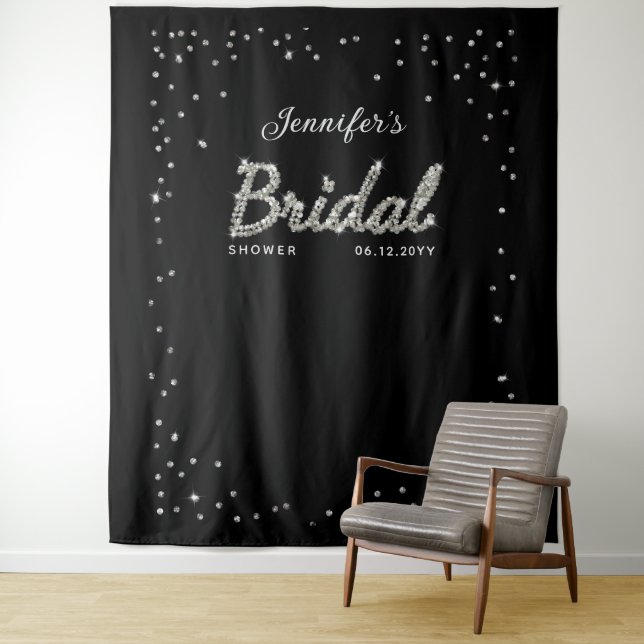 Chic Black Sparkle Script Glitter Bridal Shower Tapestry (In Situ)