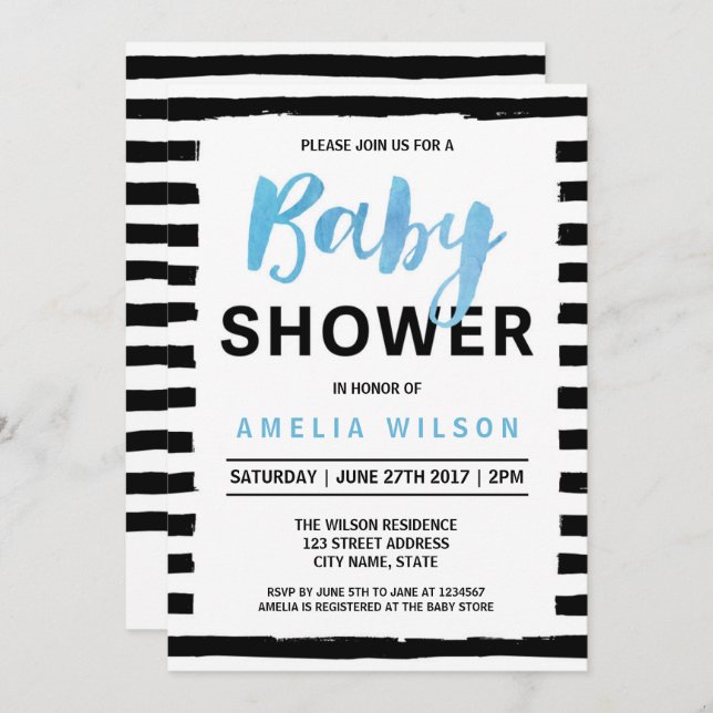 Chic Black Stripes Blue Baby Shower Invitation (Front/Back)