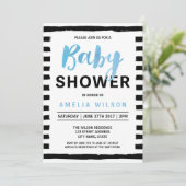 Chic Black Stripes Blue Baby Shower Invitation (Standing Front)