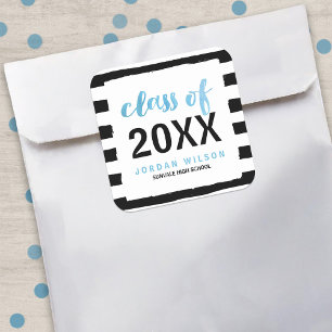 Chic Black Stripes Blue Class of 2025 Graduation Square Sticker
