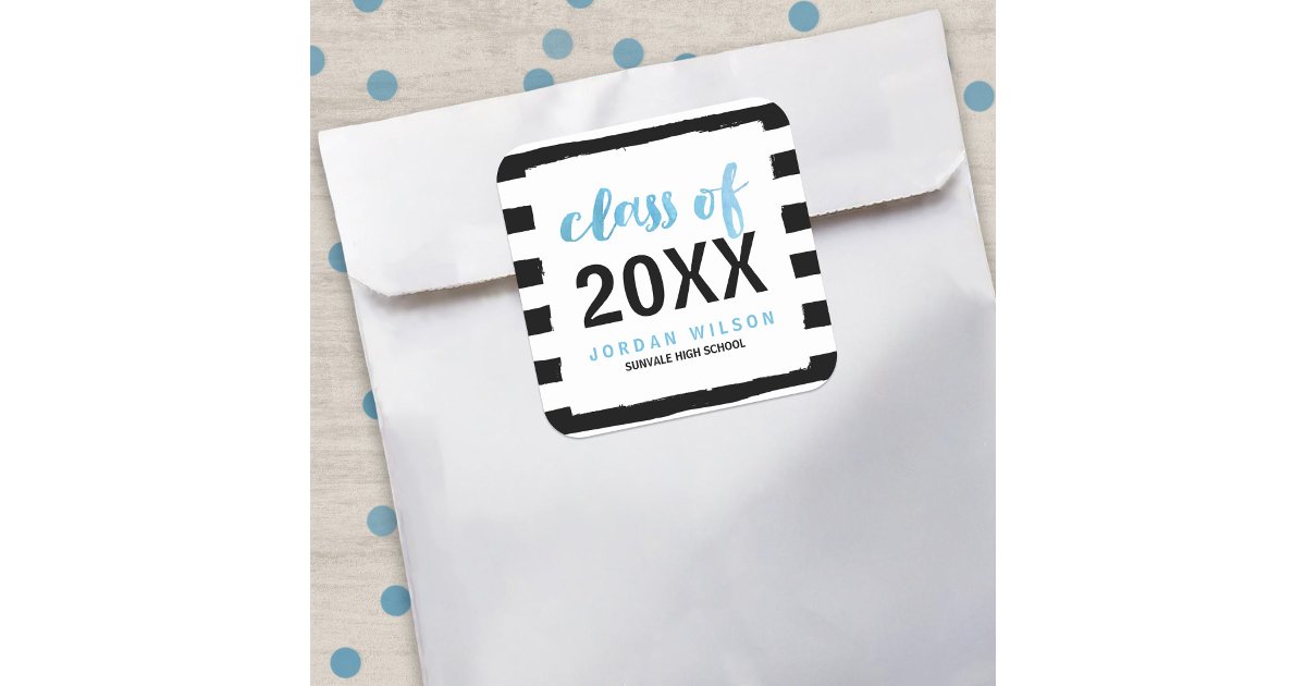 Chic Black Stripes Blue Class of 2025 Graduation Square Sticker | Zazzle