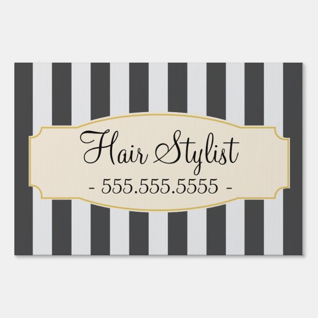 Chic Black Stripes Custom Hair Stylist Sign (Front)