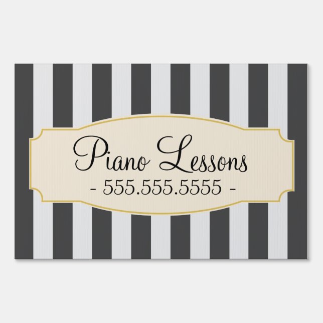 Chic Black Stripes Custom Piano Lessons Sign (Front)