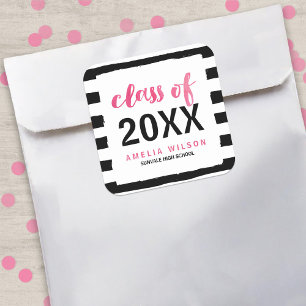 Chic Black Stripes Pink Class of 2025 Graduation Square Sticker