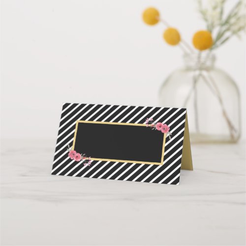 Chic Black Stripes with Watercolor Flowers Place Card
