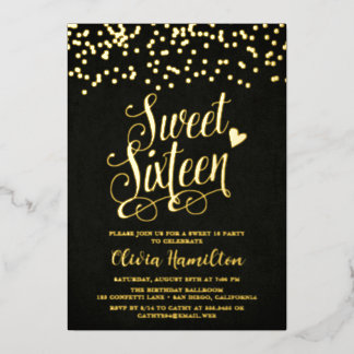 Chic Black Sweet 16 Gold Confetti Foil Invitation