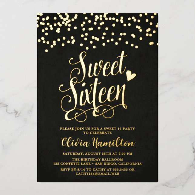 Chic Black Sweet 16 Gold Confetti Foil Invitation (Front)