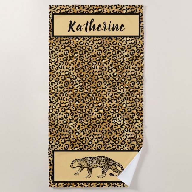 Chic Black Tan Gold Leopard Personalized  Beach Towel (Front)