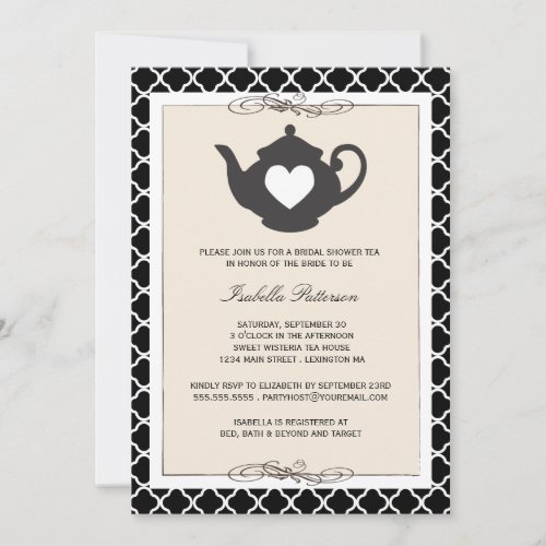 Chic Black Tan Teapot Bridal Shower Tea Party Announcement