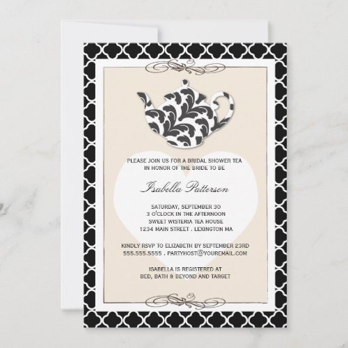Chic Black Tan Teapot Bridal Shower Tea Party Invitations