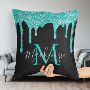 Chic Black Teal Glitter Drips Monogram Throw Pillow