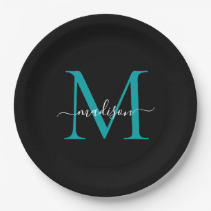 Chic Black Teal Green Monogram Modern Script Name Paper Plates