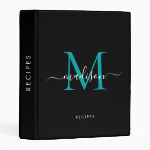 Chic Black Teal Green Monogram Script Name Recipe Mini Binder