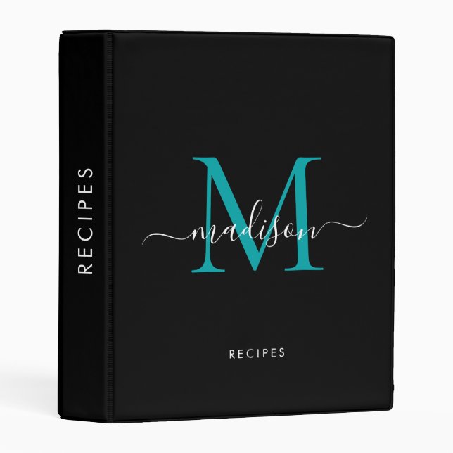 Chic Black Teal Green Monogram Script Name Recipe Mini Binder (Front/Spine)