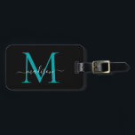 Chic Black Teal Green Monogram Script Name Stylish Luggage Tag<br><div class="desc">Elegant Modern Stylish Black Teal Green Monogram Script Name Stylish Bag Tag</div>