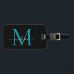 Chic Black Teal Green Monogram Script Name Stylish Luggage Tag<br><div class="desc">Elegant Modern Stylish Black Teal Green Monogram Script Name Stylish Bag Tag</div>