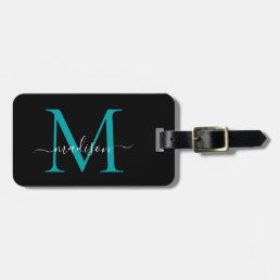 Chic Black Teal Green Monogram Script Name Stylish Luggage Tag