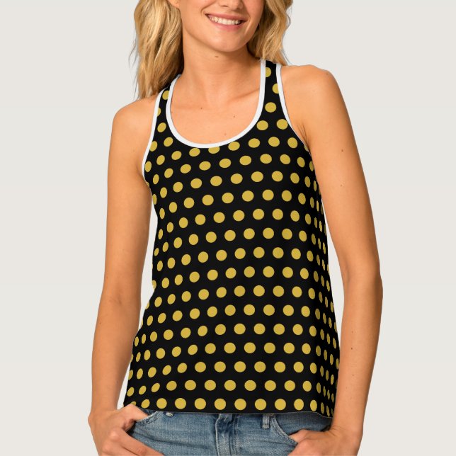 Chic Black Top Tank with Shiny Metallic Gold Dots (Front)