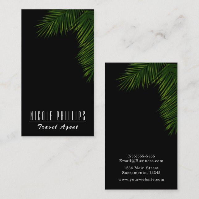 Chic Black Tropical Green Palm Tree Leaf  Business Card (Front/Back)