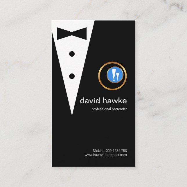 Chic Black Tuxedo Gold Boutonniere Bartender Logo Business Card (Front)