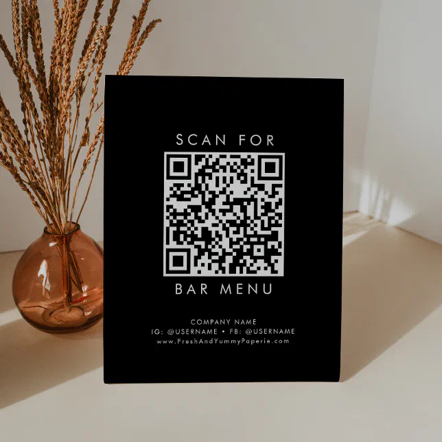 Chic Black Typography Bar Menu QR Code Pedestal Sign | Zazzle