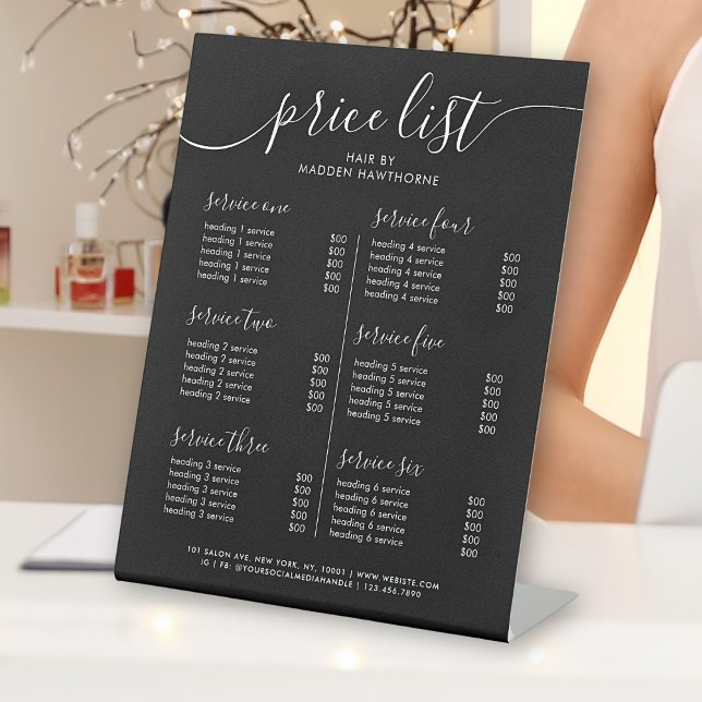 Chic Black Typography Business Service Price List Pedestal Sign (Creator Uploaded)