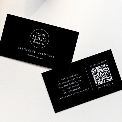 Chic Black Typography Logo and QR Code Business Card