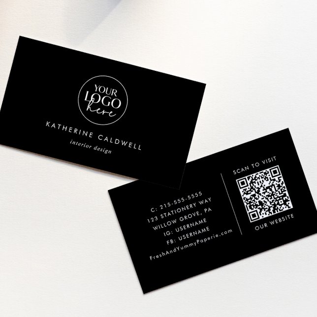 Chic Black Typography Logo and QR Code Business Card (Creator Uploaded)