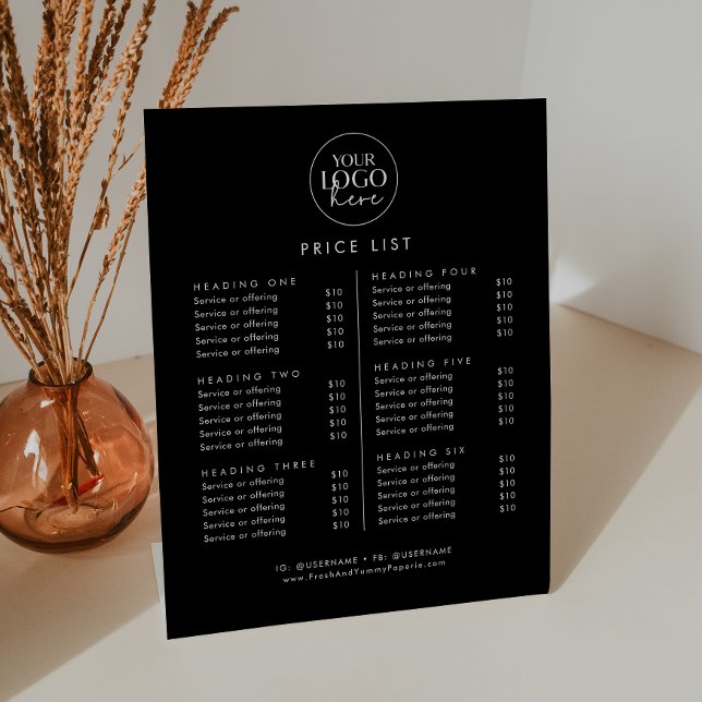 Chic Black Typography Logo Business Price List Pedestal Sign (Creator Uploaded)