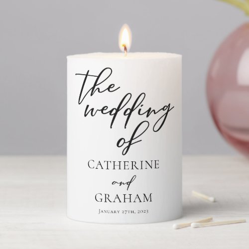 Chic Black Typography Monogram Wedding Name Date Pillar Candle