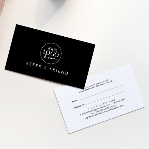 Chic Black Typography Refer a Friend Business Logo Referral Card