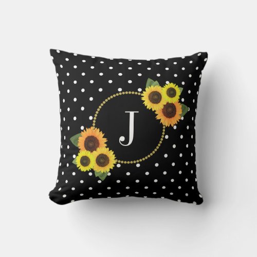 Chic Black Vintage Flowers Polka Dots Monogram Throw Pillow