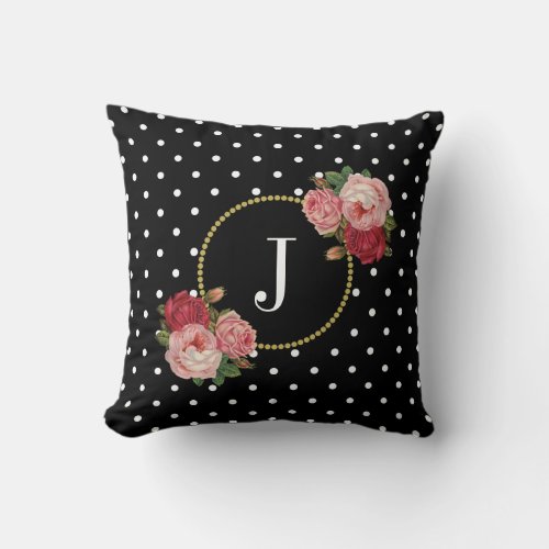 Chic Black Vintage Flowers Polka Dots Monogram Throw Pillow